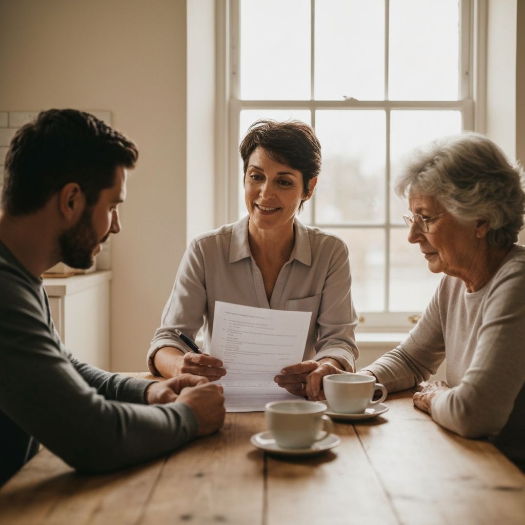 Advisor and family reviewing a tailored care list over coffee