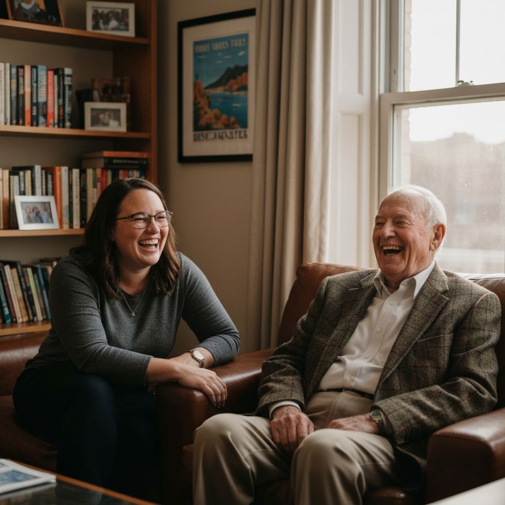 Advisor smiling with a settled senior in a comfortable room